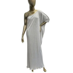 Grecian One Shoulder Silver Plisse Maxi Evening Gown Dress